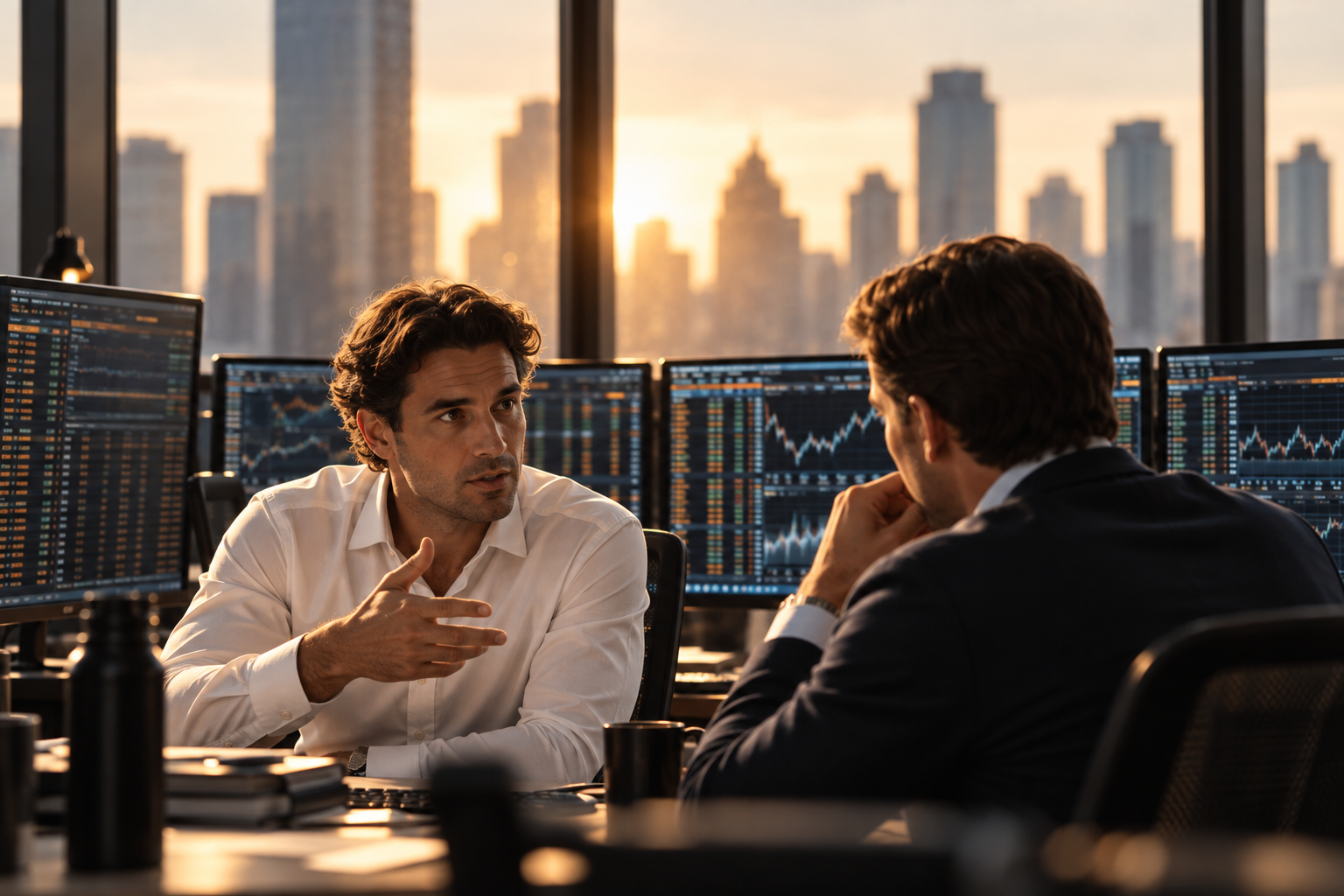 AI-generated illustration of two professionals discussing market information at a desk in warm natural light.