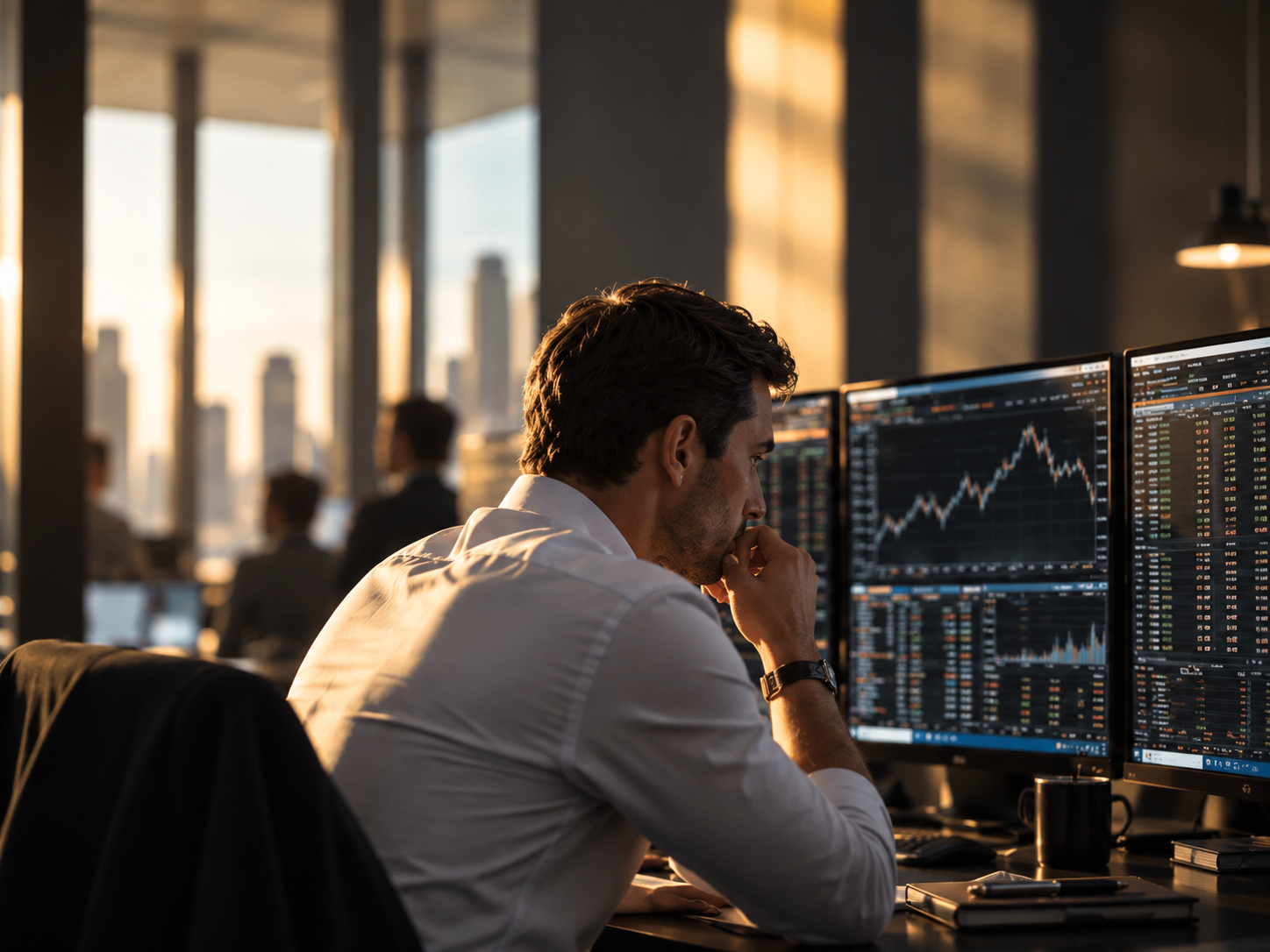 AI-generated illustration of a professional concentrating on market screens in a softly lit workspace.