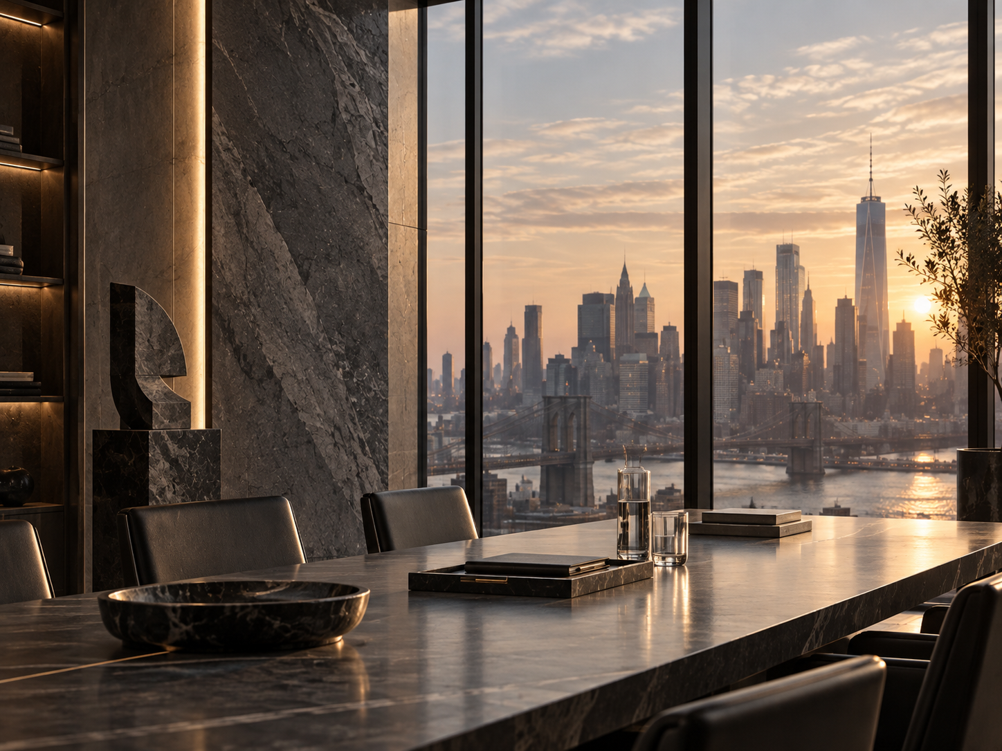 Boardroom with marble table overlooking the Manhattan skyline at dusk