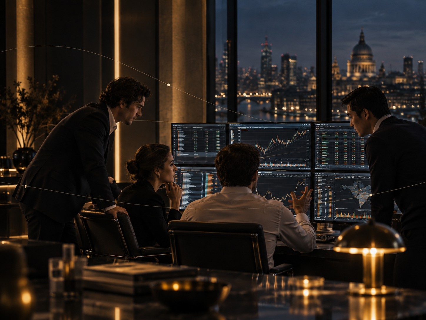 A team collaborating around market screens at dusk